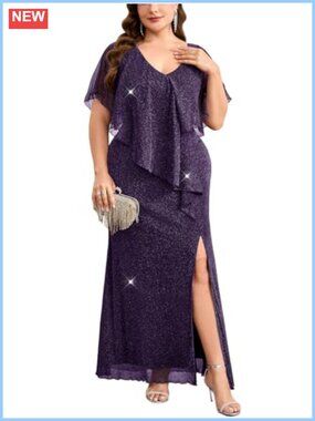 Plus Size Formal Maxi Dress Sparkly Mesh Cape V-Neck Mermaid Side Slit Evening